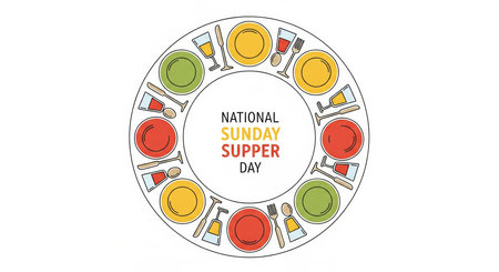 A circular graphic design for National Sunday Supper Day, featuring an arrangement of tableware around the text "NATIONAL SUNDAY SUPPER DAY" in the center. The arrangement includes plates in red, yellow, and green, along with glasses and cutlery. The design is clean, modern, and uses a white background, making it suitable for various applications.の素材