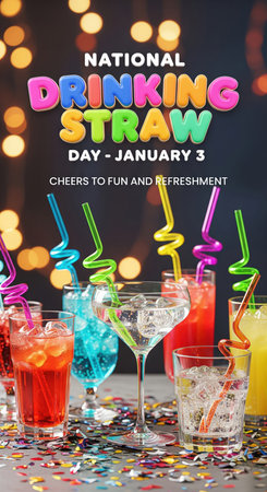 A vibrant and festive image showcasing an assortment of colorful, curly drinking straws in various glasses filled with brightly colored beverages. The drinks are filled with ice, and the scene is set against a dark, blurred background with bokeh lights, suggesting a celebratory atmosphere. Confetti is scattered across the surface, enhancing the festive mood for National Drinking Straw Day on January 3.の素材