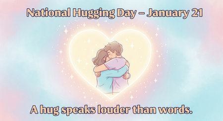 This illustration features a couple in a tender embrace, enclosed within a large, glowing heart shape. The heart is surrounded by soft sparkles and light, creating a warm and magical atmosphere. The background is a gentle gradient of pastel blue and pink, adding to the soft and dreamy feel. Above the couple, the text "National Hugging Day - January 21" is displayed in a friendly font. Below them, the message "A hug speaks louder than words" reinforces the theme of emotional connection.の素材