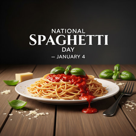A classic and elegant presentation of spaghetti topped with vibrant tomato sauce and fresh basil leaves, served on a white plate. Grated parmesan cheese is sprinkled over the dish, and a fork rests beside it. The plate sits on a rustic wooden table, with a dark, slightly blurred background. This image is perfect for celebrating National Spaghetti Day on January 4th, highlighting the simple beauty of this beloved dish.の素材