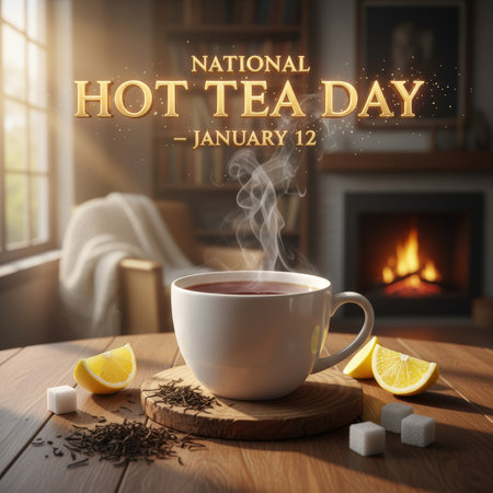 A warm and inviting scene depicting National Hot Tea Day. A white mug of steaming hot tea sits on a wooden table, accompanied by lemon slices and sugar cubes. Loose tea leaves are scattered nearby. In the background, a cozy room features a lit fireplace, a comfortable armchair draped with a blanket, and bookshelves, creating a sense of warmth and relaxation. Sunlight streams in from a window. Text reads "NATIONAL HOT TEA DAY - JANUARY 12".の素材