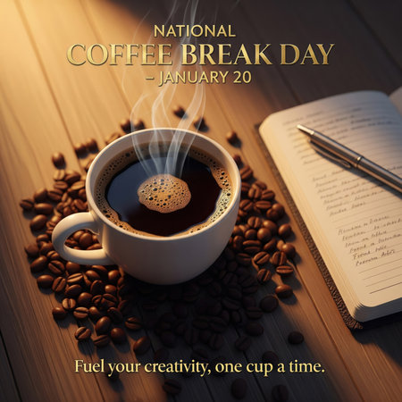 A white coffee cup filled with dark coffee and topped with a frothy crema sits on a wooden surface. The cup is surrounded by a generous scattering of dark roasted coffee beans. To the right, an open notebook with handwritten text and a silver pen lie on the table. Wisps of steam rise from the hot beverage. The scene is bathed in warm, directional light. Text overlays read "NATIONAL COFFEE BREAK DAY - JANUARY 20" and "Fuel your creativity, one cup a time."の素材