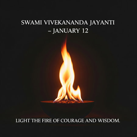 A close-up shot focuses on a vibrant, flickering flame burning intensely within a dark, shallow bowl. The fire is bright orange and yellow, casting a warm glow against the deep black background. Small embers are visible at the base of the flame. Below the flame, white text reads "LIGHT THE FIRE OF COURAGE AND WISDOM." The image is stark and powerful, conveying a sense of inner strength and enlightenment.の素材