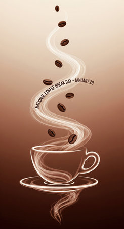 An illustration depicting a stylized coffee cup and saucer on a gradient brown background. Coffee beans are shown rising from the cup, enveloped in wisps of white steam that swirl upwards in an artistic pattern. Text reads "NATIONAL COFFEE BREAK DAY - JANUARY 20". The overall aesthetic is clean and modern with a focus on the visual representation of steam and coffee beans.の素材