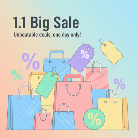 A vibrant illustration features a collection of stylized shopping bags in various pastel colors like light blue, pink, yellow, green, and purple. Several gift tags, also in pastel hues, are scattered among the bags, some displaying a percentage symbol. Additional percentage symbols float in the background, reinforcing the theme of a sale or discount. The overall composition is cheerful and eye-catching, designed to promote a shopping event.の素材