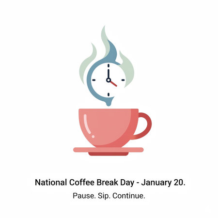 A minimalist illustration for National Coffee Break Day. A stylized pink coffee cup and saucer are shown with wisps of steam rising from it. Integrated into the steam is a clock face, indicating the concept of taking a break. The text "National Coffee Break Day - January 20." and "Pause. Sip. Continue." are displayed below the graphic.の素材