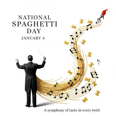 A creative concept for National Spaghetti Day, featuring a conductor in a tuxedo leading a swirling stream of spaghetti and musical notes. The spaghetti forms a dynamic curve, interspersed with black musical notation and small bow tie pasta shapes. A treble clef is integrated into the flow, and a fork with a splash of red sauce is at the end of the musical staff. The text "National Spaghetti Day January 4" and "A symphony of taste in every twirl" are displayed on a white background.の素材
