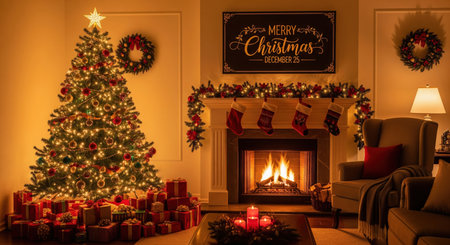 A warm and inviting living room decorated for Christmas. A tall, fully lit Christmas tree adorned with ornaments and topped with a star stands to the left, surrounded by wrapped gifts. A fireplace with a roaring fire is the focal point of the right side, with stockings hung on the mantelpiece. A "Merry Christmas December 25" sign hangs above the fireplace.の素材