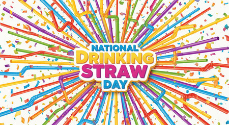 A vibrant and energetic image celebrating National Drinking Straw Day. Numerous colorful drinking straws in shades of red, orange, yellow, green, blue, and purple radiate outwards from a central point. Brightly colored confetti is scattered throughout the scene, adding to the festive atmosphere. The text "NATIONAL DRINKING STRAW DAY" is prominently displayed in a bold, multi-colored font in the center.の素材