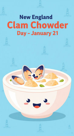 A whimsical illustration for New England Clam Chowder Day features a smiling bowl of clam chowder with a cute clam character peeking out. The background is a light blue with repeating lighthouse icons, evoking a nautical theme. The text "New England Clam Chowder Day - January 21" is prominently displayed.の素材