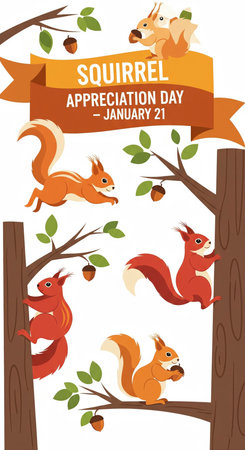 A vibrant, flat illustration celebrating Squirrel Appreciation Day. Several stylized, cartoon squirrels are depicted in various playful poses on tree branches, some holding acorns. The text "SQUIRREL APPRECIATION DAY - JANUARY 21" is prominently displayed on an orange banner. The background features trees, branches, green leaves, and acorns, creating a cheerful and festive atmosphere.の素材