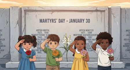 Four diverse children, representing different ethnicities and genders, stand in front of a large stone memorial wall inscribed with names and dates. They are all saluting and holding flowers: a red rose, a yellow marigold, a pink daisy, and a white flower. The text "MARTYRS' DAY - JANUARY 30" is visible on the wall. The scene evokes a sense of remembrance and respect.の素材