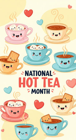 A vibrant and cheerful illustration depicts multiple cups of hot tea, each with a cute, smiling cartoon face. Some cups contain marshmallows or a biscuit. Small hearts and swirls of steam add to the playful atmosphere. The text "NATIONAL HOT TEA MONTH" is centered in bold red letters, with smaller blue text above and below. The overall style is whimsical and inviting, perfect for a lighthearted celebration of hot tea.の素材