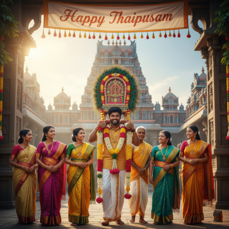A group of people, including men and women dressed in traditional Indian attire, participate in a Happy Thaipusam festival. A smiling man in the center carries a large, elaborately decorated palanquin adorned with peacock feathers and flower garlands. They stand in front of a grand Hindu temple with intricate architecture, bathed in warm sunlight. Several women in colorful sarees stand on either side of the man.の素材