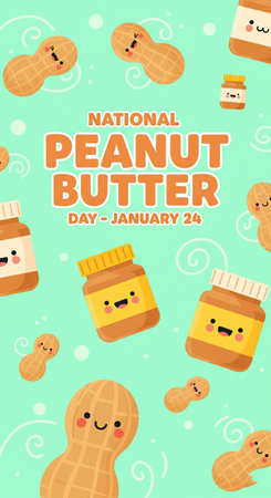 A vibrant and playful illustration celebrating National Peanut Butter Day. The image features a repeating pattern of cute, smiling cartoon peanut butter jars and individual peanuts scattered across a teal background with swirling white lines. The text "NATIONAL PEANUT BUTTER DAY - JANUARY 24" is prominently displayed in bold orange letters.の素材