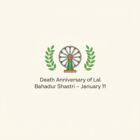 This graphic commemorates the Death Anniversary of Lal Bahadur Shastri on January 11th. The central element is a stylized representation of the Ashoka Chakra, a wheel with 24 spokes, depicted in orange and green. Flanking the Chakra are two green laurel wreaths, symbolizing honor and victory. The entire design is presented against a clean, off-white background, conveying a sense of solemn remembrance and respect for the historical Indian leader.の素材