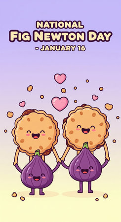 Two charming, anthropomorphic fig newton characters are holding hands and smiling happily. They have round, cookie-like bodies with a textured surface and a purple fig at their base. Pink hearts float above them, and small yellow cookie crumbs are scattered around. The text "NATIONAL FIG NEWTON DAY - JANUARY 16" is displayed in a playful font against a gradient background of purple and yellow.の素材