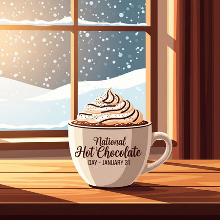 A warm mug of hot chocolate with whipped cream and chocolate drizzle sits on a wooden table in front of a window. Outside, snow is falling gently on a winter landscape. The mug has text that reads "National Hot Chocolate Day - January 31". The scene evokes a feeling of coziness and holiday cheer.の素材