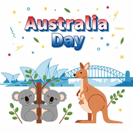A charming illustration for Australia Day features two cute koalas hugging a tree and a kangaroo with its joey. In the background, simplified silhouettes of the Sydney Opera House and Sydney Harbour Bridge are visible. The scene is adorned with confetti and stars, conveying a sense of joy and celebration for the national holiday. The flat design and friendly characters make it suitable for a wide audience.の素材