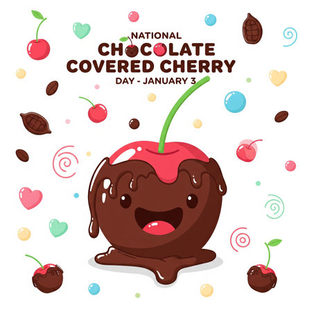A delightful illustration for National Chocolate Covered Cherry Day. The central focus is a large, anthropomorphic chocolate-covered cherry with a happy, open-mouthed expression and dripping chocolate. It is surrounded by smaller chocolate-covered cherries, coffee beans, and colorful hearts and swirls. The text "NATIONAL CHOCOLATE COVERED CHERRY DAY - JANUARY 3" is clearly visible.の素材