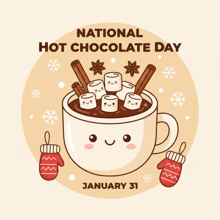A charming illustration depicts a white mug filled with steaming hot chocolate, topped with smiling marshmallows and cinnamon sticks. Decorative snowflakes and anise stars are scattered around the mug, which is flanked by two festive red mittens. The text "NATIONAL HOT CHOCOLATE DAY" and "JANUARY 31" are prominently displayed. The overall style is cute and whimsical, evoking a sense of warmth and celebration.の素材