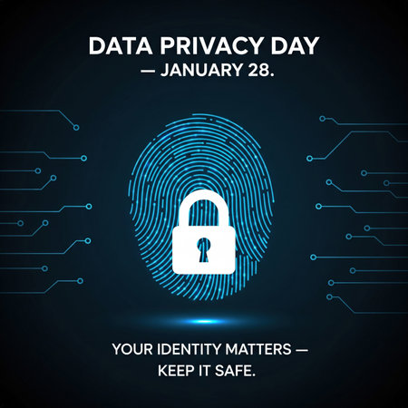This image is a graphic representation of Data Privacy Day, observed on January 28th. The central focus is a large, stylized fingerprint with a white padlock superimposed on it, symbolizing identity and security. The background features a dark blue circuit board pattern with glowing lines, suggesting a digital and technological theme. The text "DATA PRIVACY DAY - JANUARY 28" and "YOUR IDENTITY MATTERS - KEEP IT SAFE." are prominently displayed.の素材