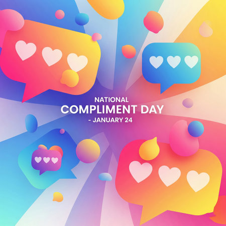 An abstract and colorful background design for National Compliment Day on January 24th. The composition features large, fluid speech bubbles filled with heart icons, symbolizing positive feedback and affection. Scattered spheres and abstract shapes in a vibrant gradient of orange, yellow, blue, and pink create a dynamic and modern visual.の素材