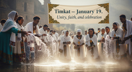 A vibrant scene capturing the Ethiopian Timkat festival on January 19th. People, many dressed in traditional white robes, are gathered around a body of water, possibly a river or pool. Some are splashing water, while others are being blessed or participating in a ritual. The atmosphere appears joyful and celebratory, with sunlight glinting off the water. A banner with "Timkat - January 19. Unity, faith, and celebration" is overlaid.の素材