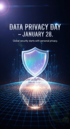 A stylized Earth globe, covered in a digital grid, sits at the bottom of the image. Above it, a translucent, iridescent shield glows, emitting light rays. The background is a dark, starry expanse with digital connections. Text at the top reads "DATA PRIVACY DAY - JANUARY 28." The phrase "Global security starts with personal privacy" is also present.の素材