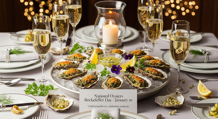 An opulent table setting for a celebration of National Oysters Rockefeller Day on January 10. A large platter of Oysters Rockefeller, garnished with lemon and edible flowers, is the centerpiece. Glasses of champagne, a lit candle, and elegant place settings create a festive and luxurious atmosphere.の素材