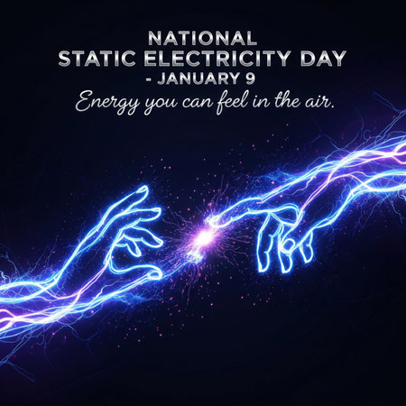 Two stylized hands, rendered in vibrant neon blue and purple electric arcs, reach towards each other, with a bright spark of energy emanating from their fingertips. This imagery represents the concept of static electricity and is associated with National Static Electricity Day on January 9. The background is a dark, starry expanse, emphasizing the electric glow and the theme of energy. The text "NATIONAL STATIC ELECTRICITY DAY - JANUARY 9" and "Energy you can feel in the air." are...の素材