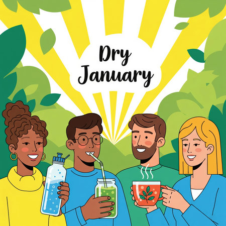 A colorful illustration depicts four diverse individuals celebrating Dry January. On the left, a woman with curly hair holds a water bottle. Next to her, a man with glasses sips a green smoothie from a jar with a straw. A man with a beard smiles holding a steaming mug of tea. On the right, a woman holds a cup of tea. The background features stylized green foliage and bright yellow sun rays, with the text "Dry January" prominently displayed.の素材