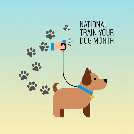 Month showing dog walking with paw prints and training clicker for national train your dog month keywords: dog, pet, animal, training, leash, clicker, paw prints, walking, cartoon, illustration, flat design, simple, cute, brown dog, blue collar, hand, human, guidance, obedience, january, national train your dog month, fun, activity, domestic, mammal, companion, happy, healthy, lifestyle, learning, behavior, treat, reward, outdoor, park, trail description: a stylized, flat illustration...の素材