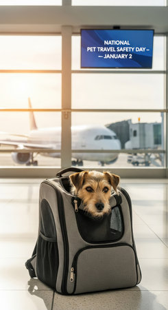 A small, scruffy terrier mix dog peeks out from a gray pet carrier bag in an airport terminal. The dog has alert eyes and looks directly at the camera. Sunlight streams through large windows, illuminating the scene and reflecting on the polished floor. In the background, an airplane is visible through the windows, along with jet bridges and airport infrastructure. A digital display screen above shows "NATIONAL PET TRAVEL SAFETY DAY - JANUARY 2." The image captures a moment of pet travel,...の素材