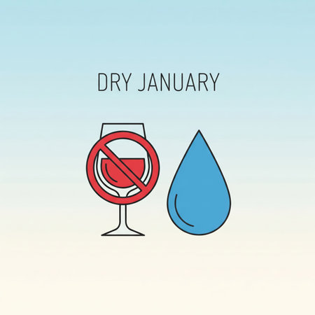 A minimalist graphic illustrating "Dry January". On the left, a wine glass is shown with a red circle and diagonal line over it, indicating prohibition or a ban on alcohol. To the right of the wine glass is a large, solid blue water drop, symbolizing water and hydration. The text "DRY JANUARY" is centered above the icons against a soft gradient background.の素材