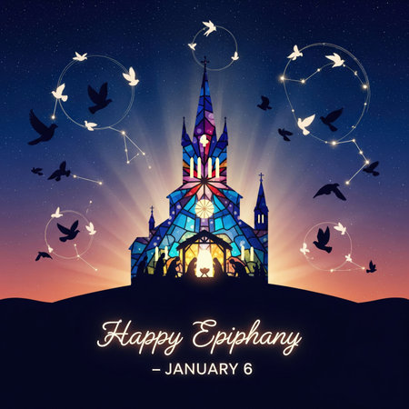 A vibrant illustration depicts a church with colorful stained-glass windows, silhouetted against a twilight sky filled with stars and constellations. At the base of the church, a nativity scene with the holy family in the manger is visible. Silhouettes of birds fly in circular patterns around the church, some connected by lines resembling constellations. The text "Happy Epiphany - JANUARY 6" is prominently displayed.の素材