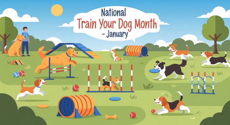 This lively illustration depicts a variety of dogs enthusiastically participating in an outdoor agility course during National Train Your Dog Month. Dogs of different breeds are shown running, jumping over hurdles, going through tunnels, and chasing frisbees and balls. A man is visible in the background with a Golden Retriever. The scene is set in a grassy park with trees and a blue sky, filled with elements like agility equipment, toys, and a bone, conveying a sense of fun, activity, and...の素材
