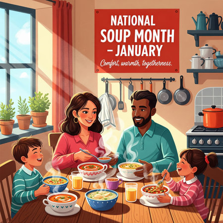 This is a vibrant, cartoon-style illustration of a family enjoying a warm bowl of soup together. The scene is set in a kitchen with a stove and shelves of cookware visible. A red banner announces "NATIONAL SOUP MONTH - JANUARY" with the tagline "Comfort, warmth, togetherness." The family, consisting of two parents and two children, are all smiling and eating their soup, with steam rising from the bowls, emphasizing the comforting and warming nature of the meal.の素材