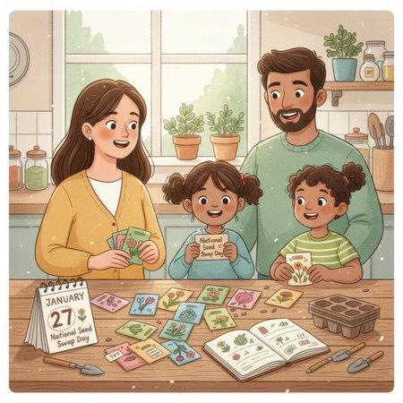 A cheerful family is gathered around a table for National Seed Swap Day, marked on a January calendar. They are surrounded by packets of seeds, gardening books, and tools, with children holding seed packets. The illustration depicts a fun and educational family activity focused on gardening and plant exchange.の素材