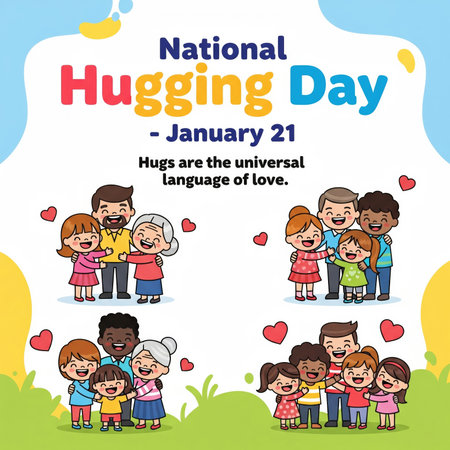 This cheerful illustration celebrates National Hugging Day with multiple depictions of families and couples sharing warm embraces. Various groups, including parents with children, grandparents with grandchildren, and couples, are shown hugging and surrounded by small red hearts. The characters are drawn in a cute, cartoon style with smiling faces. The background features a gradient of blue and yellow at the top and green grass at the bottom, creating a festive and loving atmosphere for the...の素材