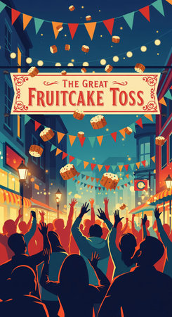 An energetic illustration captures a lively festival atmosphere at night, depicting "The Great Fruitcake Toss." A crowd of silhouetted people with their arms raised in excitement fills the foreground, looking up at numerous fruitcakes being tossed through the air. Colorful bunting and flags are strung across the street, and illuminated buildings line the sides. Streetlights cast a warm glow, contrasting with the dark, festive sky. The scene conveys a sense of communal joy and a unique,...の素材