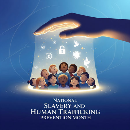 A large, illuminated hand hovers protectively over a diverse group of children. The hand casts a warm light that forms a protective dome around the children, who are looking upwards with hopeful expressions. Within the light, symbolic icons such as a lock, shield, and doves represent safety and freedom. The background is a gradient of deep blue, with subtle light rays emanating from the children. Text at the bottom reads "NATIONAL SLAVERY AND HUMAN TRAFFICKING PREVENTION MONTH".の素材