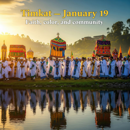 A wide shot of a Timkat festival procession in Ethiopia at sunrise or sunset. Participants in white robes with colorful sashes and head coverings walk along the bank of a body of water. They carry ornate, colorful tabots draped in fabric and topped with crosses. The golden light illuminates the scene, casting reflections of the procession and the surrounding landscape in the water.の素材