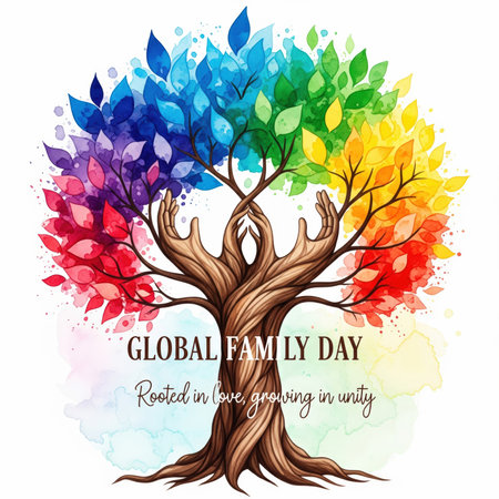 An artistic illustration for Global Family Day features a stylized tree with a trunk formed by intertwined hands. The tree's canopy is adorned with a vibrant spectrum of rainbow-colored leaves, rendered in a watercolor style with splatters and textures. The text "GLOBAL FAMILY DAY" is centered on the trunk, with the tagline "Rooted in love, growing in unity" below it. The background is a soft, abstract watercolor wash.の素材