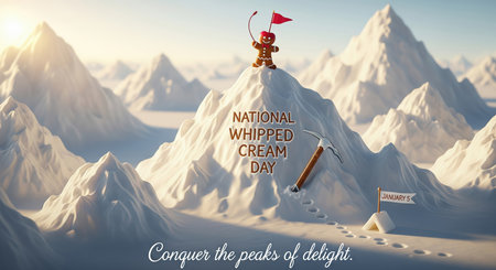 A gingerbread man with a red flag stands triumphantly on a snowy mountain peak, celebrating National Whipped Cream Day. A pickaxe is stuck in the snow beside him, and footprints lead up the slope. In the background, a vast landscape of snow-covered mountains stretches under a bright sky. A sign reads "National Whipped Cream Day January 5."の素材