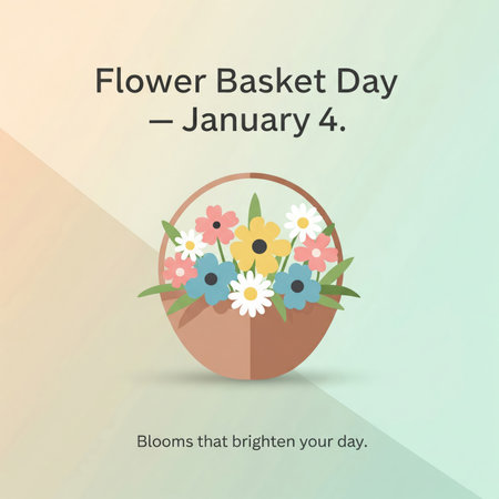A stylized illustration depicts a simple brown basket filled with colorful, flat-design flowers in shades of pink, yellow, blue, and white, with green leaves. The basket is centered against a soft gradient background transitioning from peach to mint green. Text above reads "Flower Basket Day - January 4." and below, "Blooms that brighten your day." The overall style is clean, modern, and cheerful.の素材