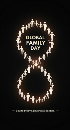 A graphic illustration for Global Family Day set against a dark background. Numerous glowing white human figures, representing adults and children, are arranged to form an infinity loop. They are holding hands, symbolizing unity, love, and interconnectedness. The text "GLOBAL FAMILY DAY" is placed within the upper loop, and a tagline "Bound by love, beyond all borders." is at the bottom.の素材