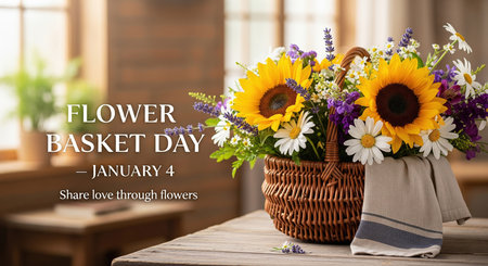 A rustic wicker basket is filled with a beautiful arrangement of sunflowers, lavender, daisies, and other small white flowers. A neutral-colored linen cloth with blue stripes is draped over the side of the basket. The arrangement is placed on a weathered wooden table, with soft, natural light illuminating the scene. The background is softly blurred, showing hints of an indoor setting with wooden elements. Text reads "FLOWER BASKET DAY - JANUARY 4" and "Share love through flowers."の素材
