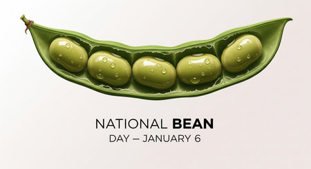 A close-up, top-down view of an open green bean pod revealing five plump, light green beans inside. Each bean is adorned with small, clear water droplets, suggesting freshness. The pod is slightly curved and has a textured surface. Below the pod, bold text reads "NATIONAL BEAN DAY" with "DAY - JANUARY 6" centered beneath it. The background is a soft, gradient off-white.の素材