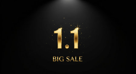 A striking visual featuring the numbers "1.1" in a bold, golden font, illuminated by a spotlight from above. Below the numbers, "BIG SALE" is written in a similar golden typeface. The background is a deep black, sprinkled with tiny golden sparkles and stars, creating a sense of luxury and excitement for a promotional event.の素材